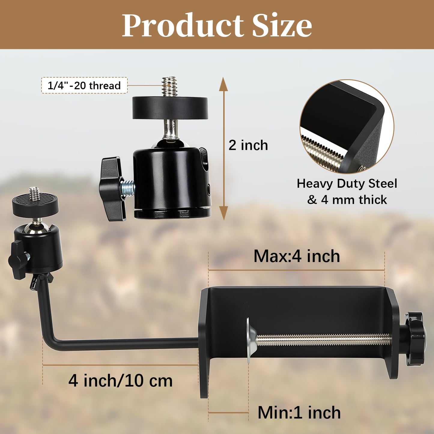 Aiuieaa Clamp Mount with Mini Ball Head Mount, 1/4 Screw Mount Adapter for Tree, Compatible with Most Cameras for Wildlife Monitoring and Tree
