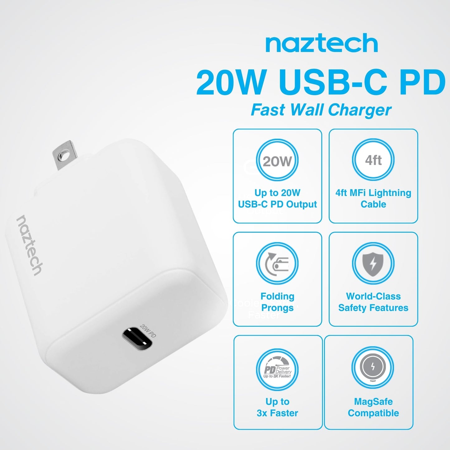 Naztech 20W Lightning Charger iPhone 14 Charger Fast Charging Block w/ 4ft USB-C to Lightning Cable Quick Rapid Charging for iPhone 11, 12, 13 14 Pro