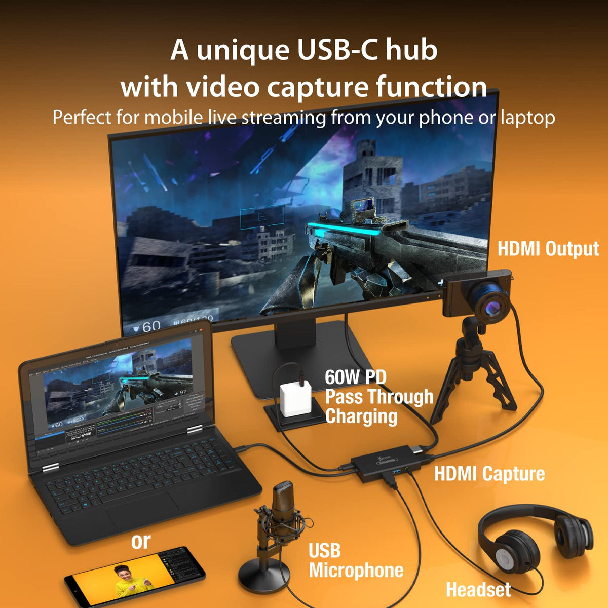 j5create Video Capture Card with PD 60W Pass-Through Charging