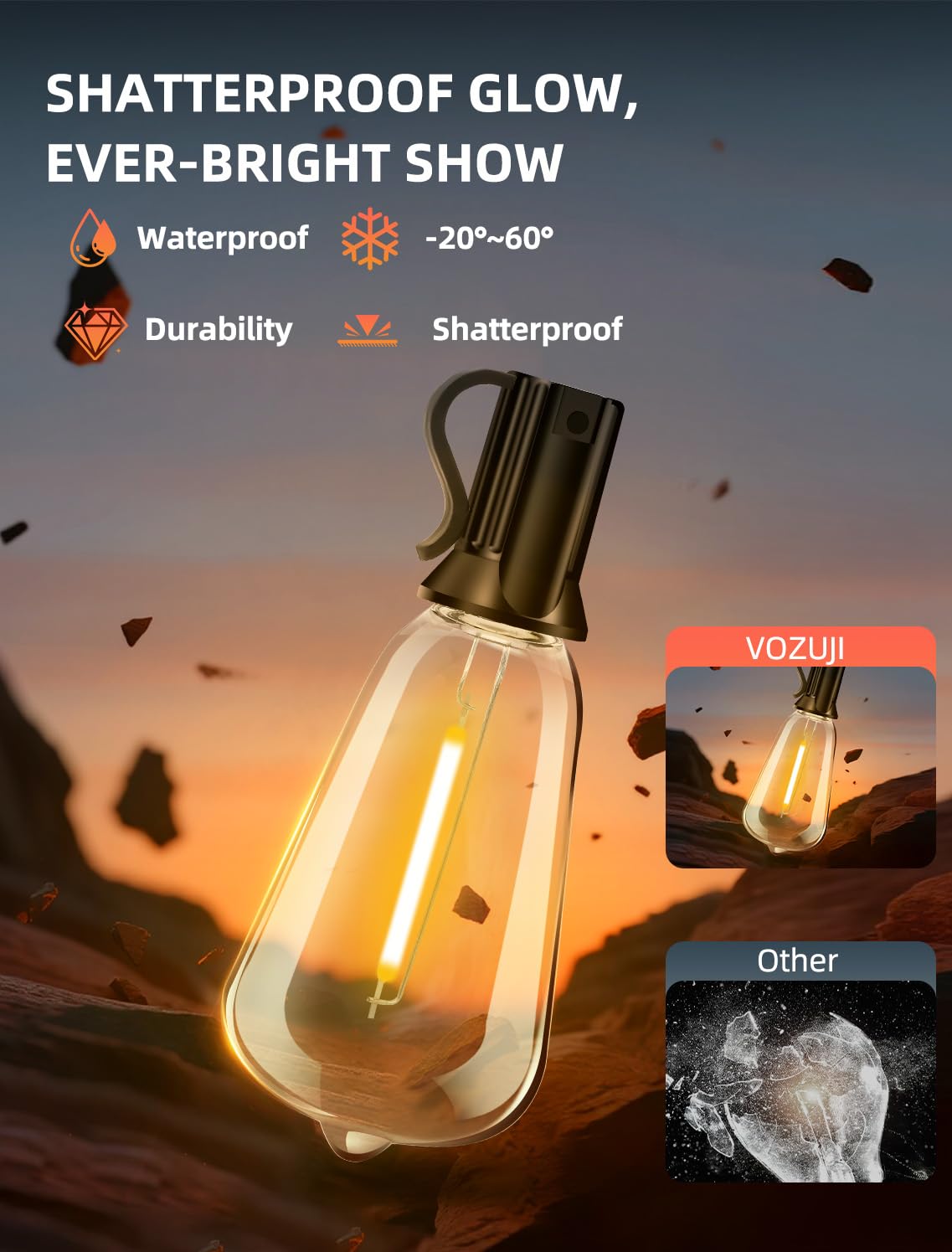 VOZUJI Outdoor Patio String Lights: 100Ft 30M Outside Waterproof Light - Remote Dimmable ST38 Shatterproof Bulb Connectable Hanging Outdoor Electric