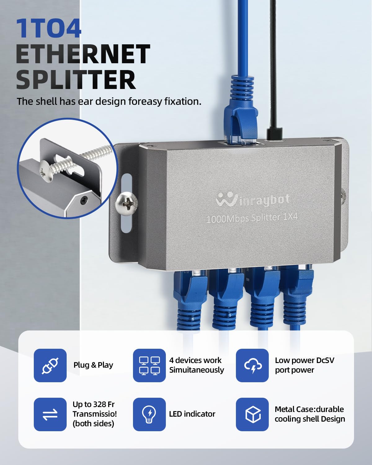 WinRaybot 4 Port Gigabit Ethernet Splitter 1 to 4 - Powered Network Switch with Wall Mount Ears for Home, Office, PS5, Router, Smart TV - Plug
