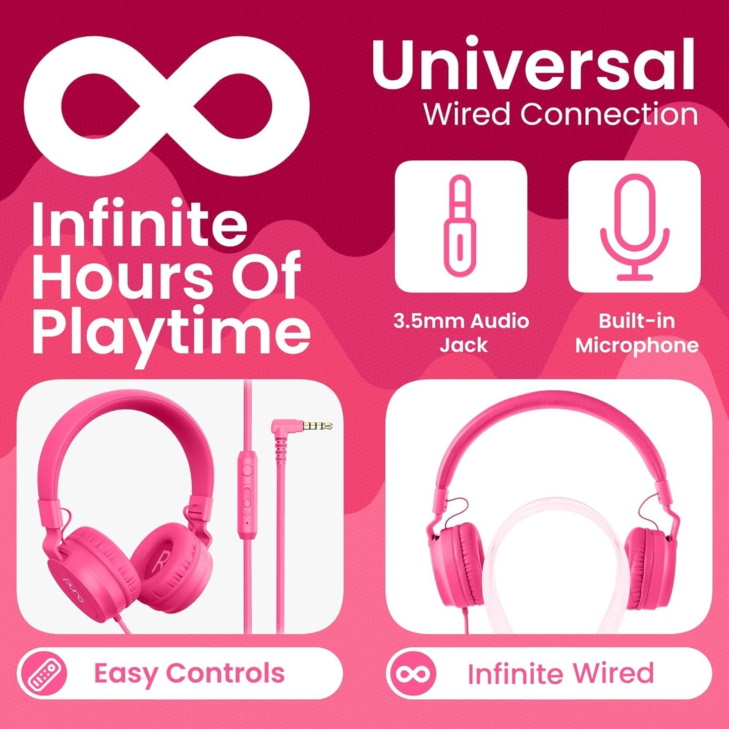 Puro Sound Labs - Kids Headphones, Volume-Limiting 85dB, PuroBasic, Pink