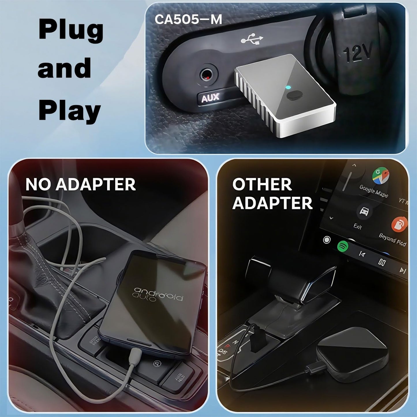 Wireless Carplay Adapter - Android Auto Wireless Adapter US, Conversion from Wired to Wireless with USB to USB C adapter, Plug and Play Bluetooth Car