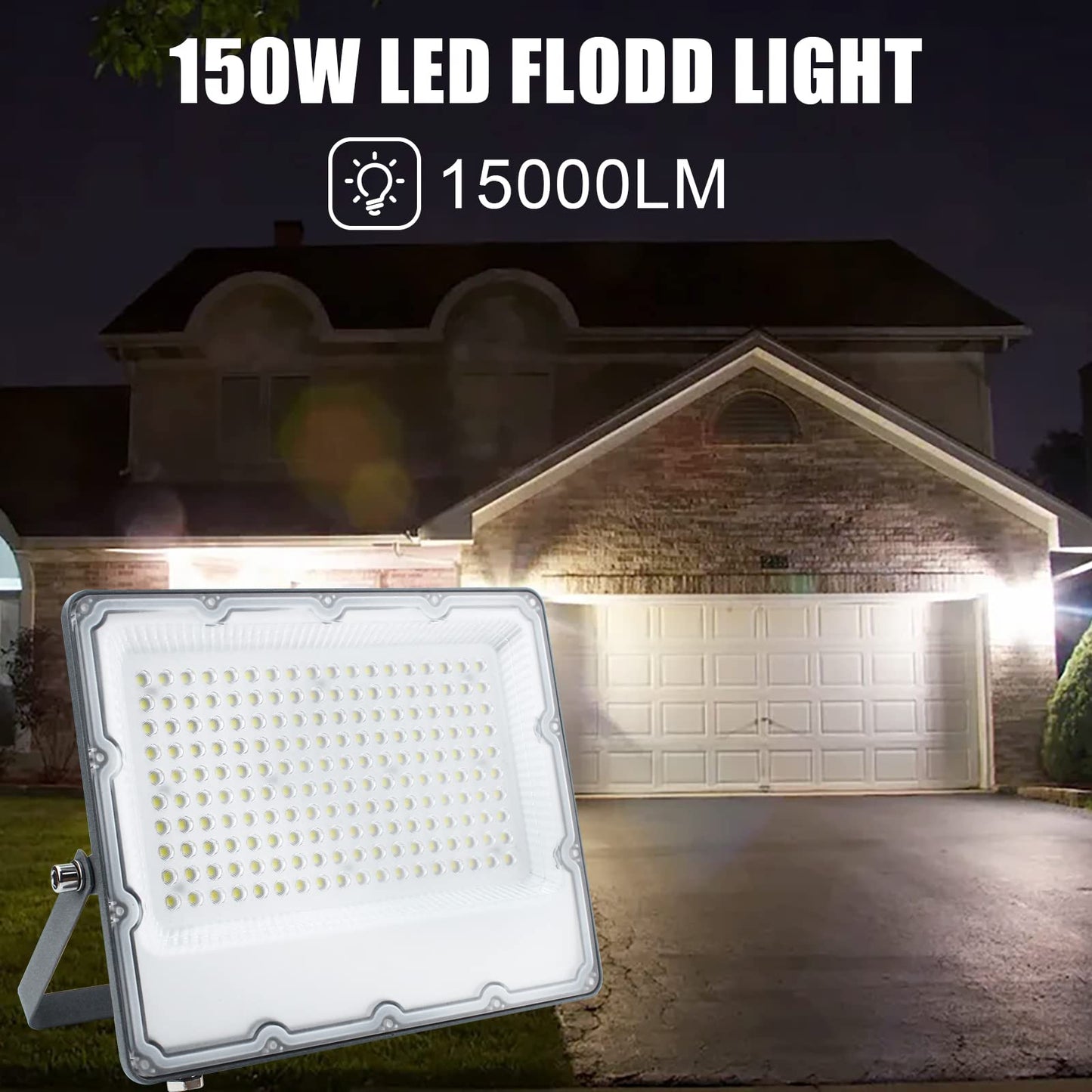 Indmird 150W LED Flood Lights Plug in, Outdoor Security Lights Fixtures 6500K 15000LM Illumination, IP66 Waterproof White Lighting for Ball Ground