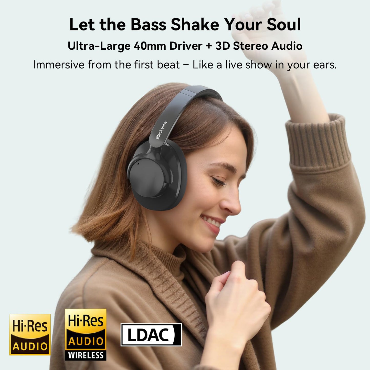 Blackview FitBuds H1 Over-Ear Bluetooth Headphones, Hi-Res Audio, Hybrid ANC, 65H Playtime, Bluetooth 5.4, USB-C Fast Charging, ENC Mics, Comfortable…
