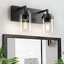 Espird Bathroom Vanity Fixtures, 2 Light Matte Black Vanity Light with Clear Glass Shade, 15in Farmhouse wall Light, Lighting Fixture Over Mirror