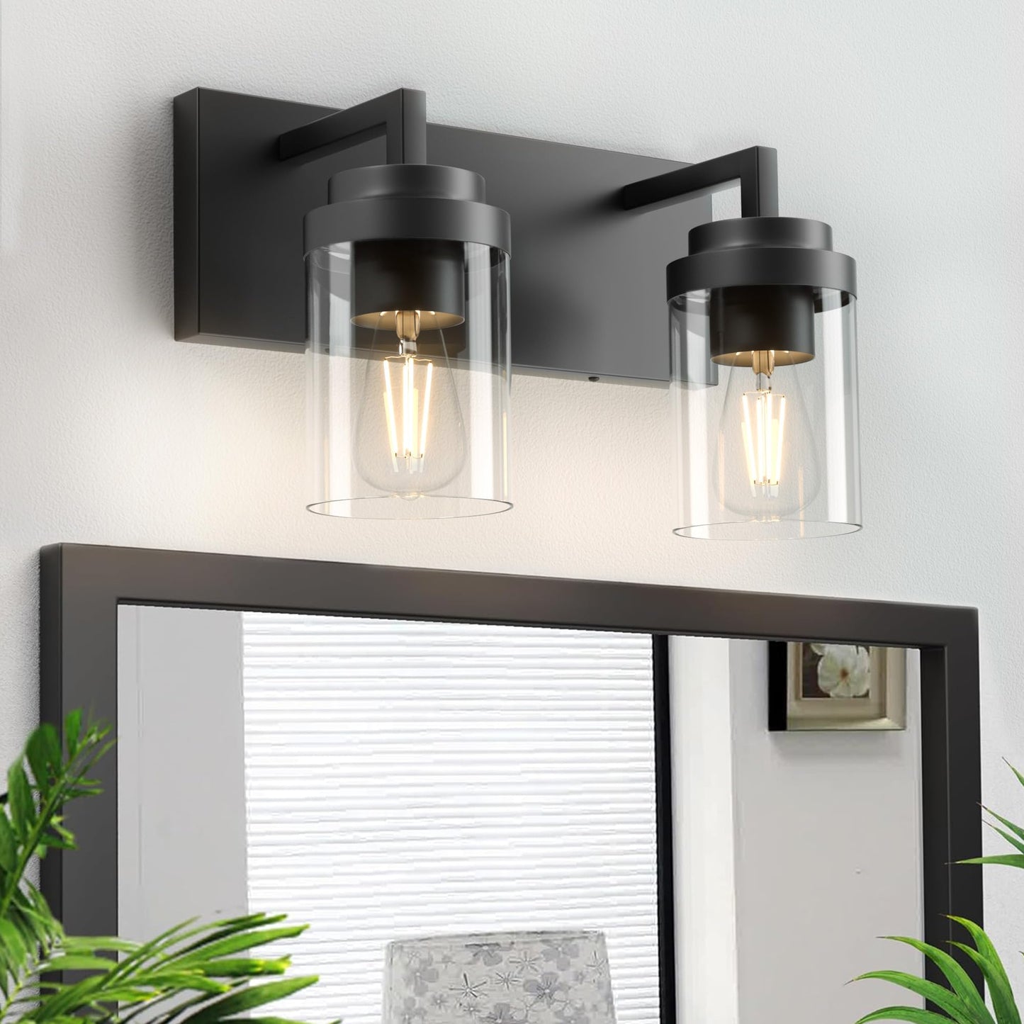 Espird Bathroom Vanity Fixtures, 2 Light Matte Black Vanity Light with Clear Glass Shade, 15in Farmhouse wall Light, Lighting Fixture Over Mirror