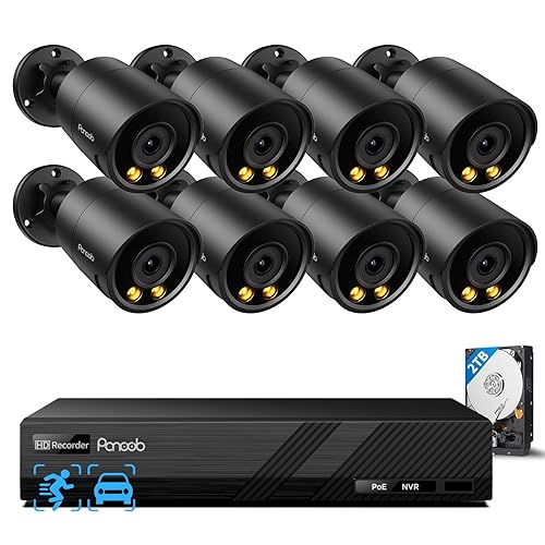 PANOOB Security Camera System PoE, 8X 4MP Wired Bullet IP Cameras Outdoor Built-in Microphone, AI Human Vehicle Detection, 5MP 8CH NVR with 2TB HDD