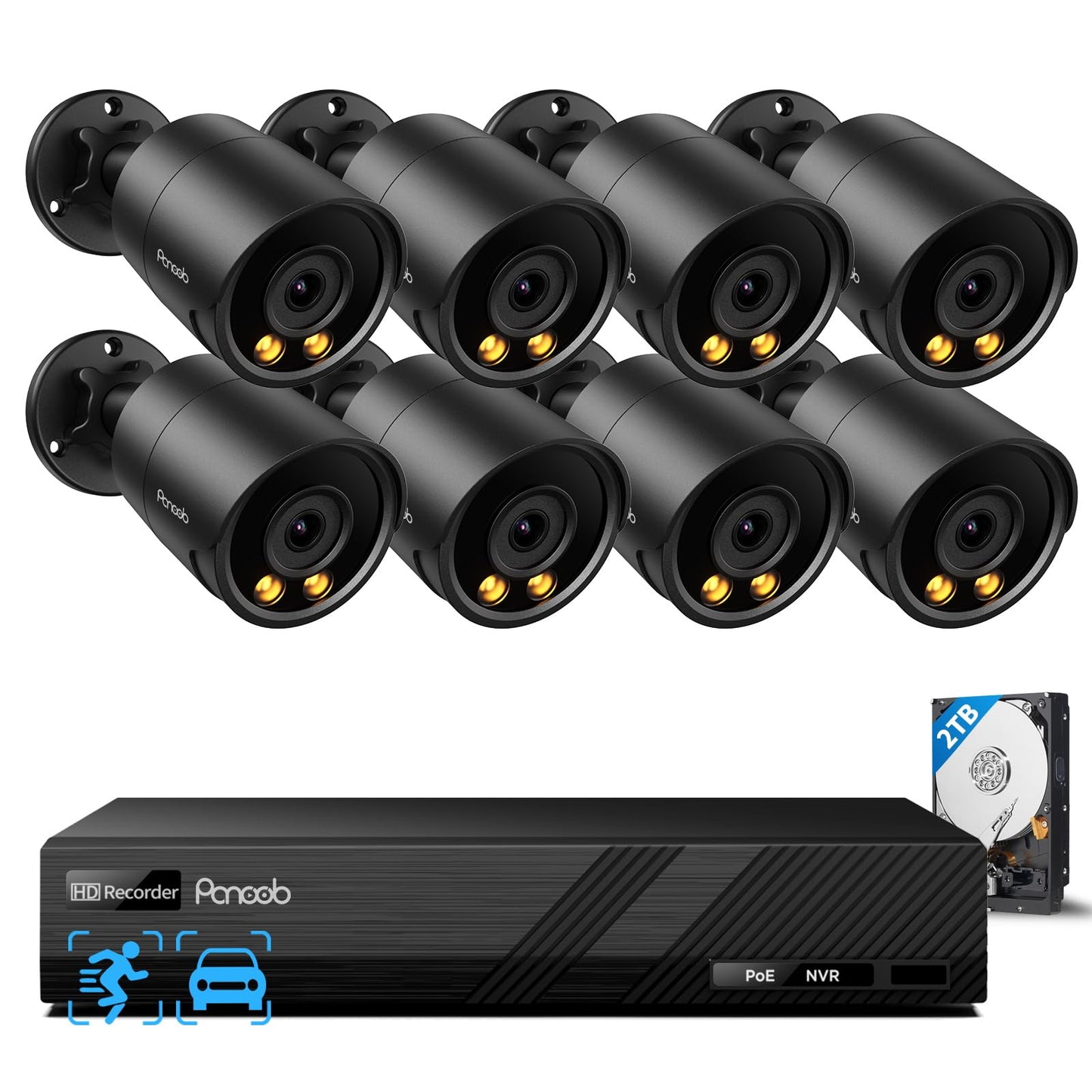 PANOOB Security Camera System PoE, 8X 4MP Wired Bullet IP Cameras Outdoor Built-in Microphone, AI Human Vehicle Detection, 5MP 8CH NVR with 2TB HDD