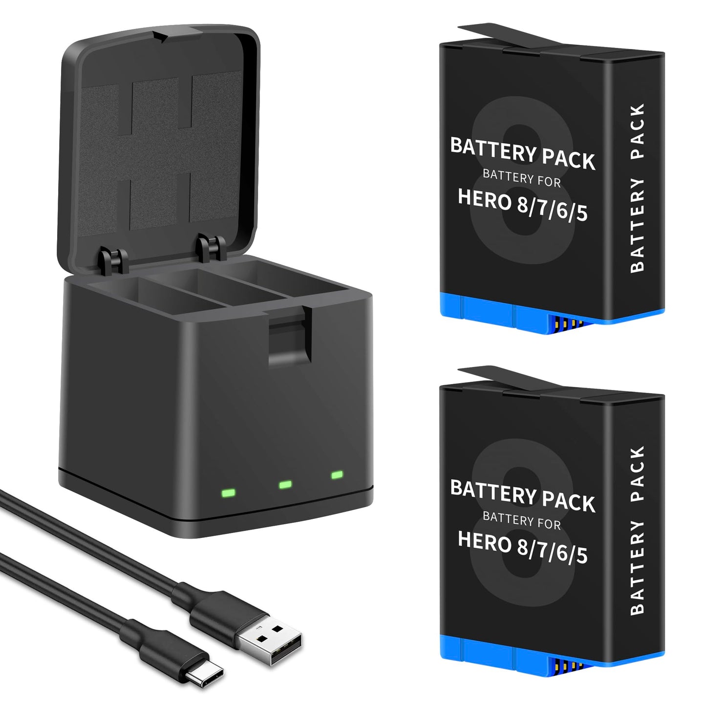 2-Pack Battery Charger for Hero 8/7/6/5 and 3-Channel Fast Charger Case, Fully Compatible with Hero 8, Hero 7, Hero 6 Black Camera Upgrade Battery