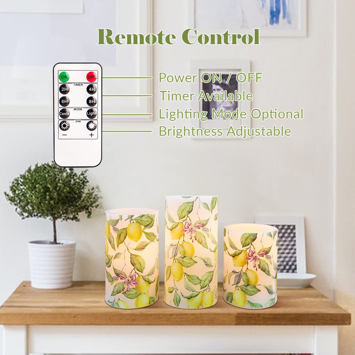 Crystal Club Lemon Flameless Candles with Remote and Timer, Battery-Operated Spring Theme LED Pillar Candles, Realistic Candle for Home Birthday Party