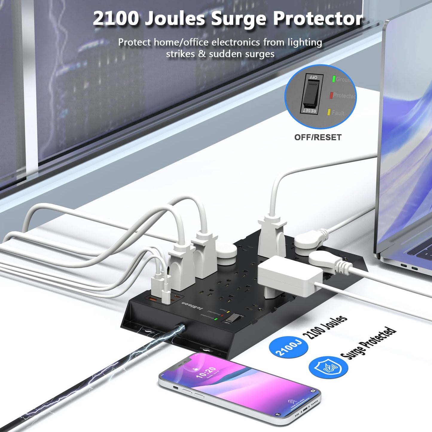22 Outlets & 6 USB Big Power Strip, Jcblaon Surge Protector with 3USB C & 3USB A Charging Ports, 6.5ft Flat Plug Heavy Duty Extension