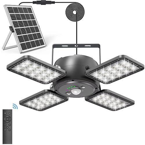 INXPHY Solar Shed Light, 1200LM 144LED Motion Sensor Pendant Light, 5 Lighting Modes Remote Control 4-Leaf 120° Adjustable, IP65 Waterproof Split