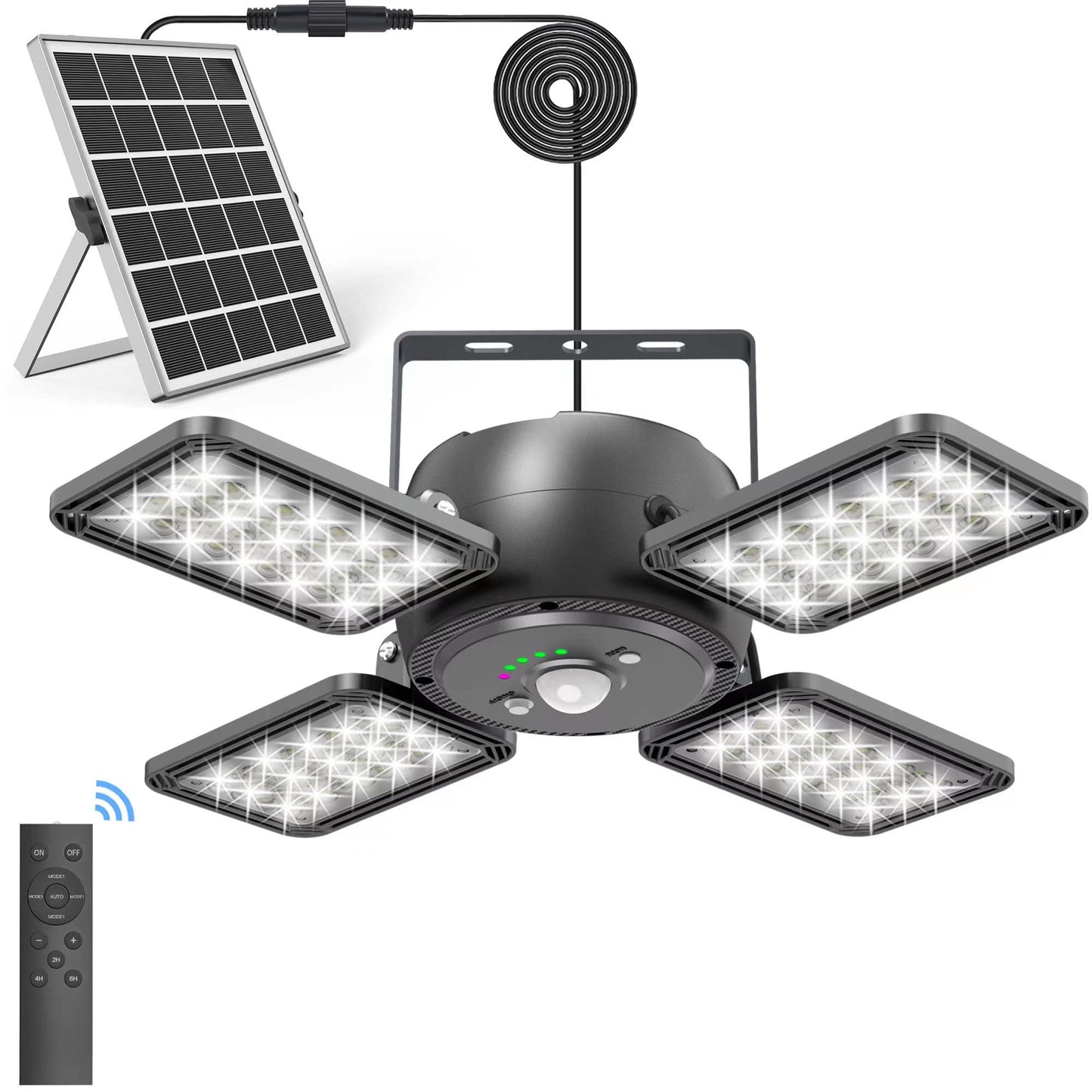 INXPHY Solar Shed Light, 1200LM 144LED Motion Sensor Pendant Light, 5 Lighting Modes Remote Control 4-Leaf 120° Adjustable, IP65 Waterproof Split
