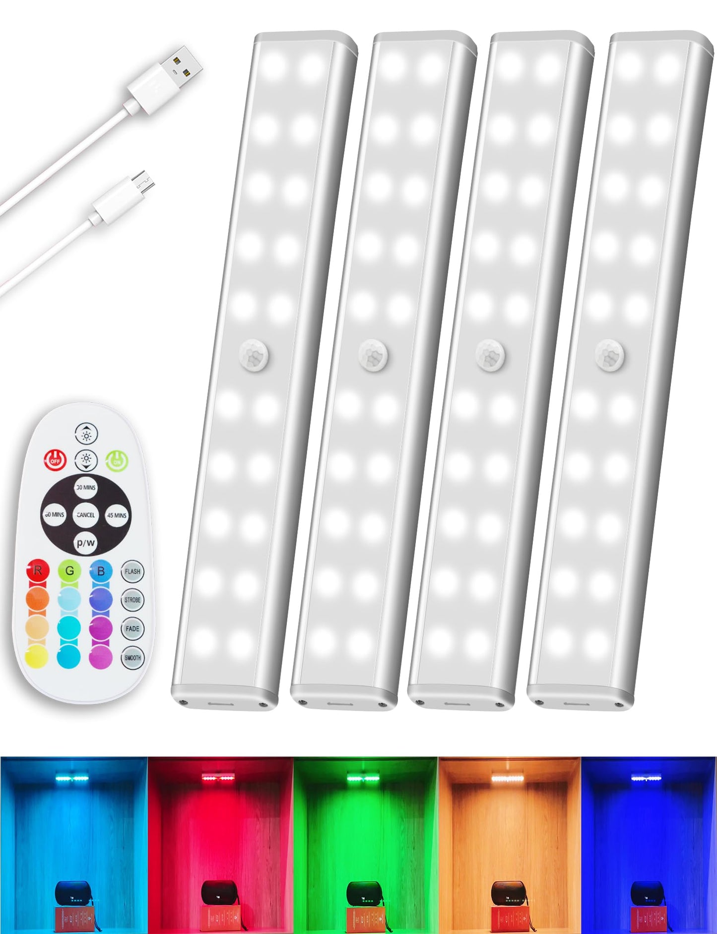 Under Cabinet Lighting Wireless Rechargeable Battery Operated LED Closet Lights Dimmable Under Counter Lights Bar with Remote, RGB Changing Perfect