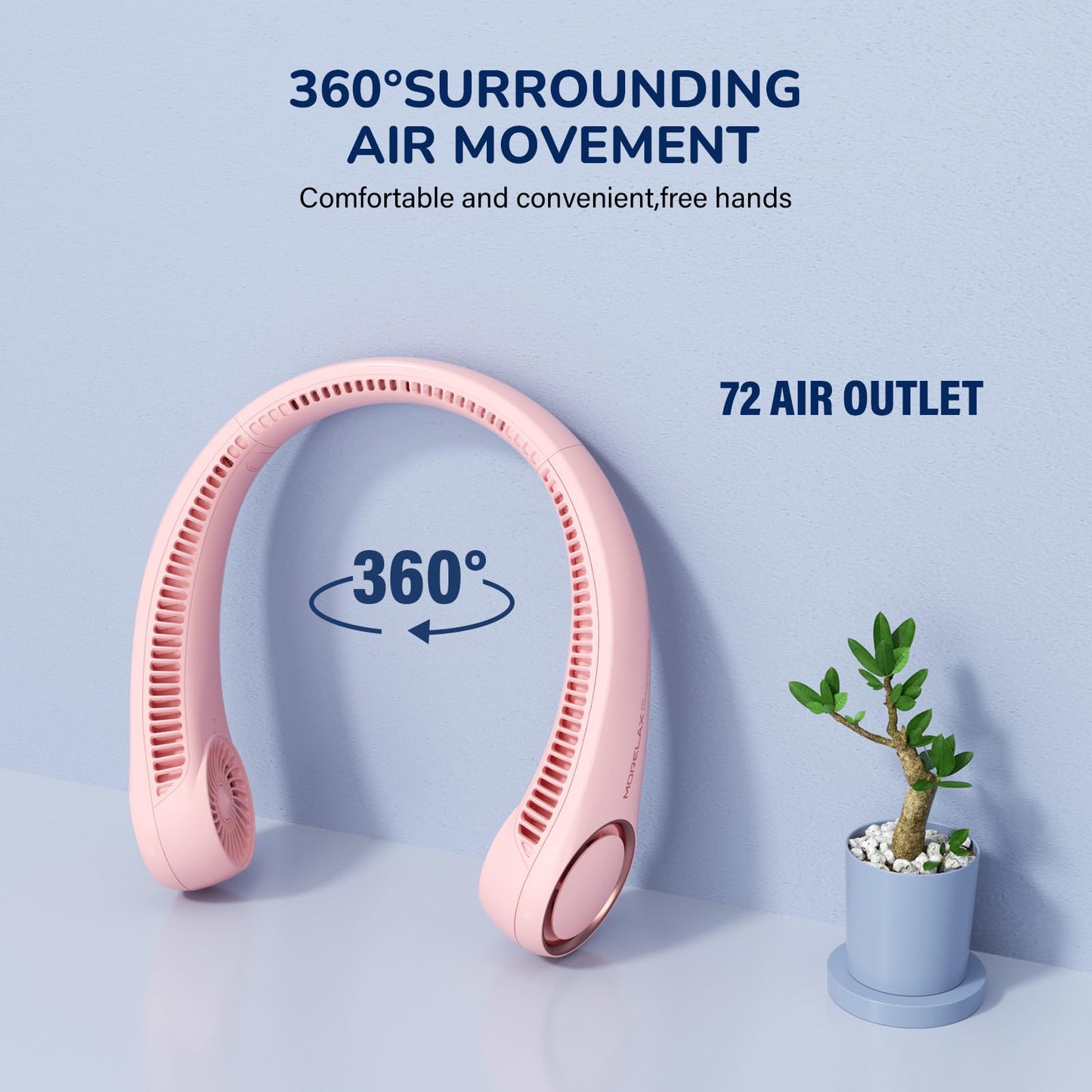 Morelax Neck Fan, USB Rechargeable Personal Fan, 3 Speeds Adjustable, Large air outlet Powerful Strong Wind, Adjustable, 360° Cooling, Super Quiet, No