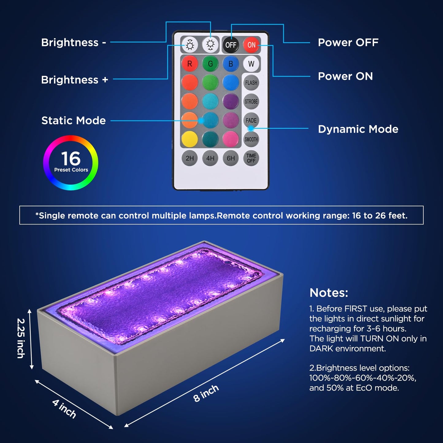 Solar Paver Color Changing Lights, 8x4 Solar Pavers Light Outdoor, Recessed Brick Pathway Lights, IP67 Waterproof Landscape Lighting