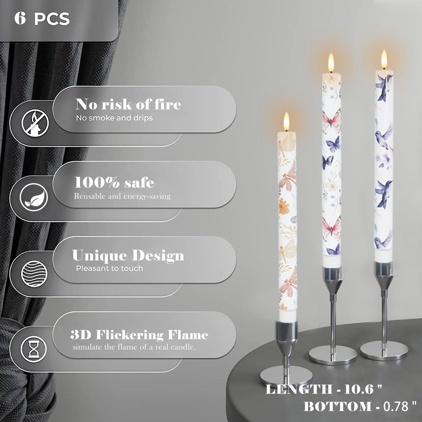 MAITREYA Flameless Taper Candles Dragonfly Butterfly Hummingbird Decor Candle Battery Operated Led Candlesticks for Wedding Party Home Table