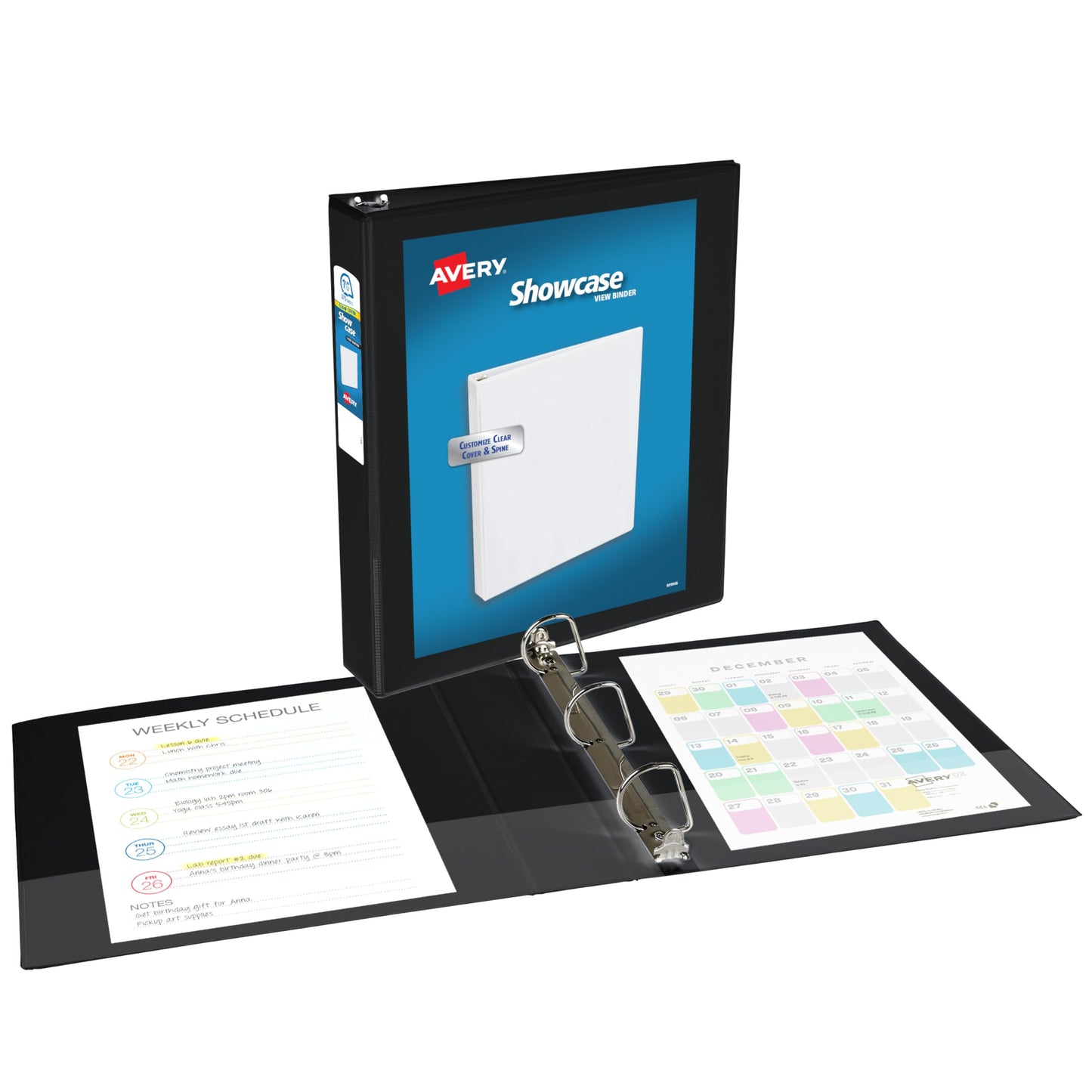 Avery® Showcase Standard View 3 Ring Binder, 1.5" Slant Rings, 375-Sheet Capacity, 2.1 Inch Wide Spine, 1 Black Binder, Ideal for Lightweight