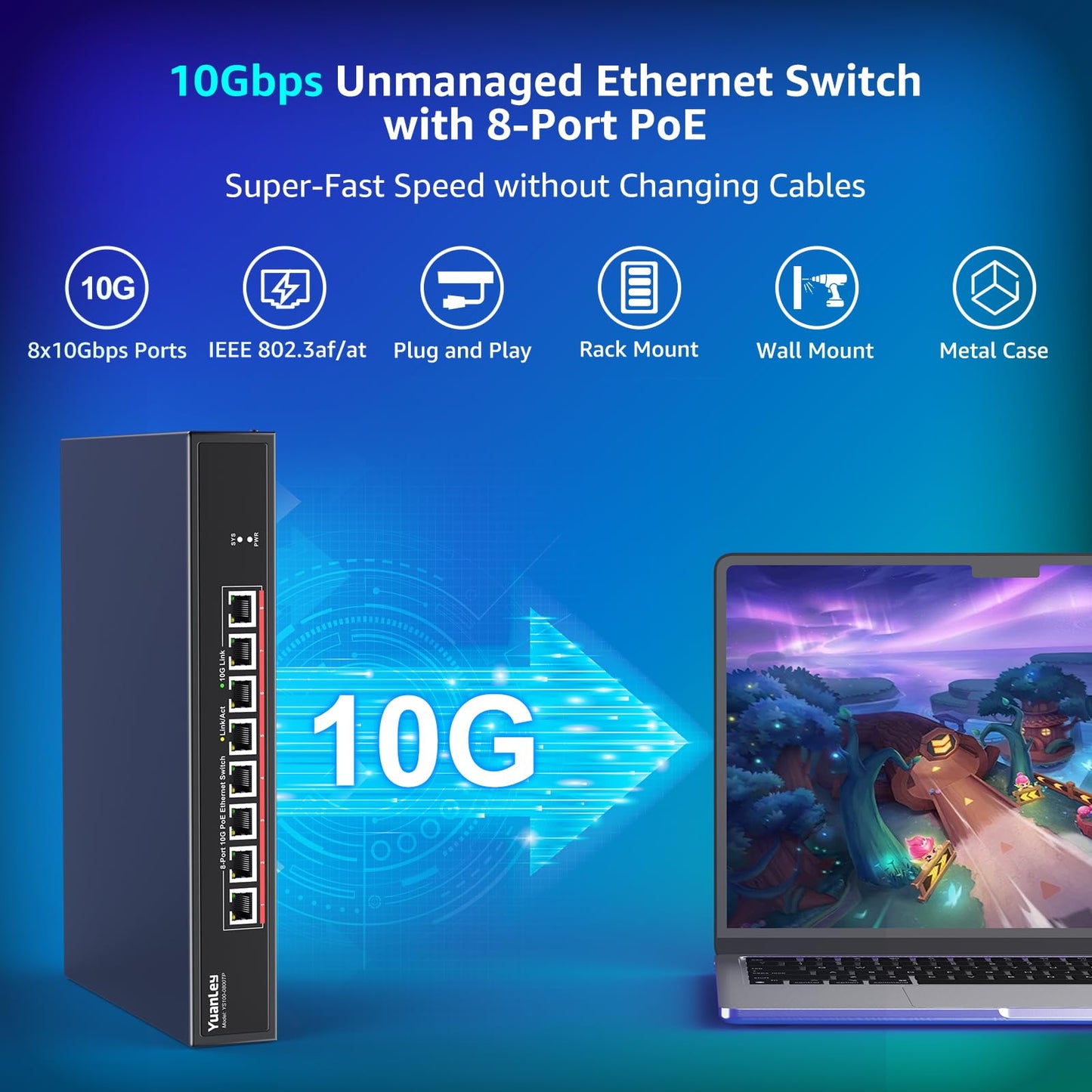 YuanLey 8 Port 10G PoE Switch Unmanaged, 8 x 10G Base-T PoE Ports, IEEE802.3af/at, 110W Built-in Power, Compatible with 1G/2.5G/5G/10G, Metal Case