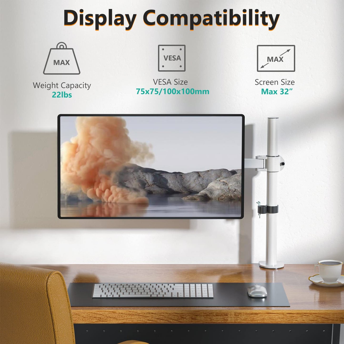 WALI Monitor Arm Mount for Desk, Single Computer Desk Mount, Monitor Bracket Mount Stand Single, up to 32 inch, 22 lbs (M001-W), White