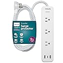 Philips EZFit 3-Outlet Adapter-Spaced Surge Protector, 6ft Braided Cord, Power Strip, Extension Cord with 2 USB-A and 1 USB-C, 490J, White