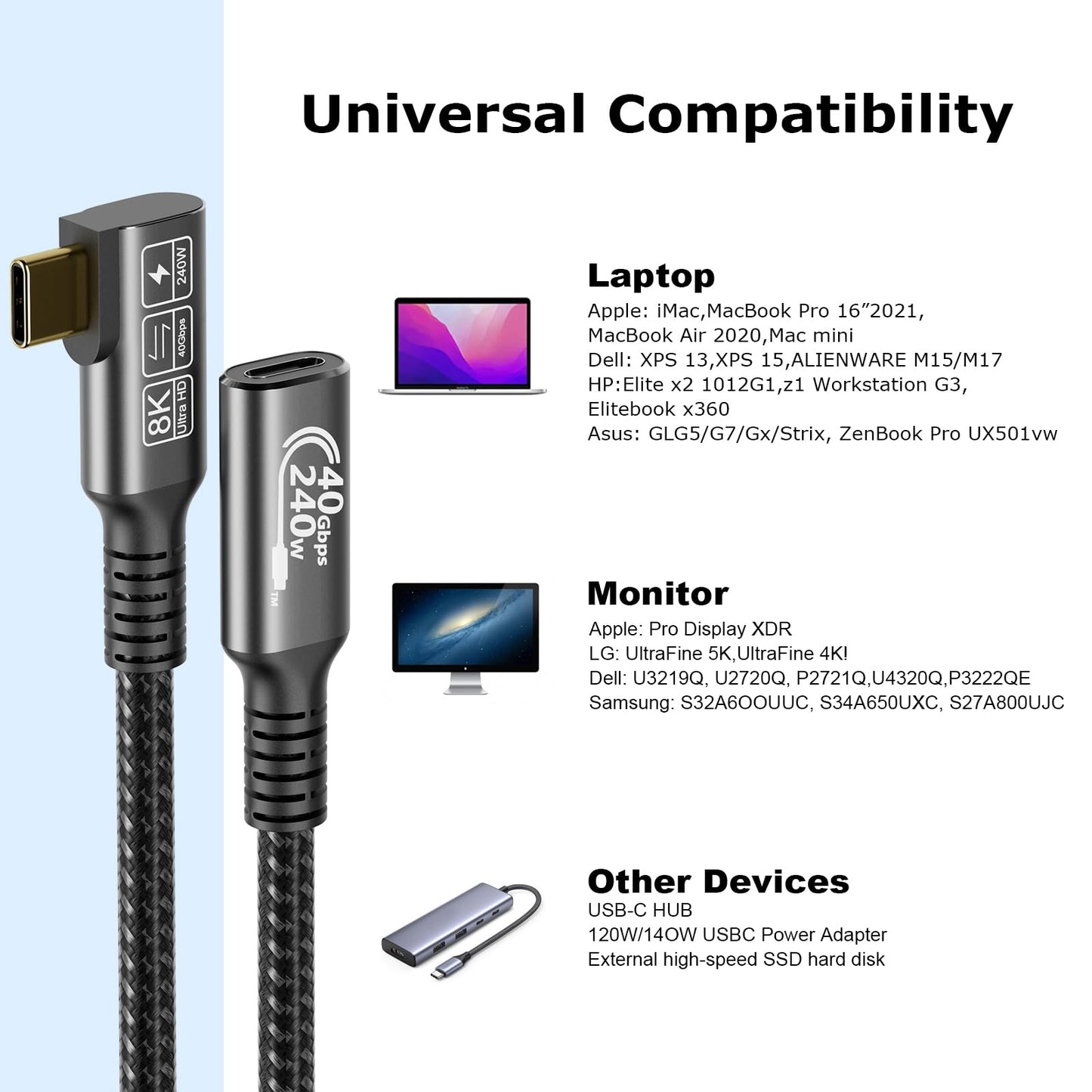 USB C 4 Extension Cable, with Thunderbolt 4 Cable, 240 W Charging, 40 Gbps Data, 8K @ 60Hz 4K, PD3.1, USB C Female, for Hub, Dock MacBook, SSD