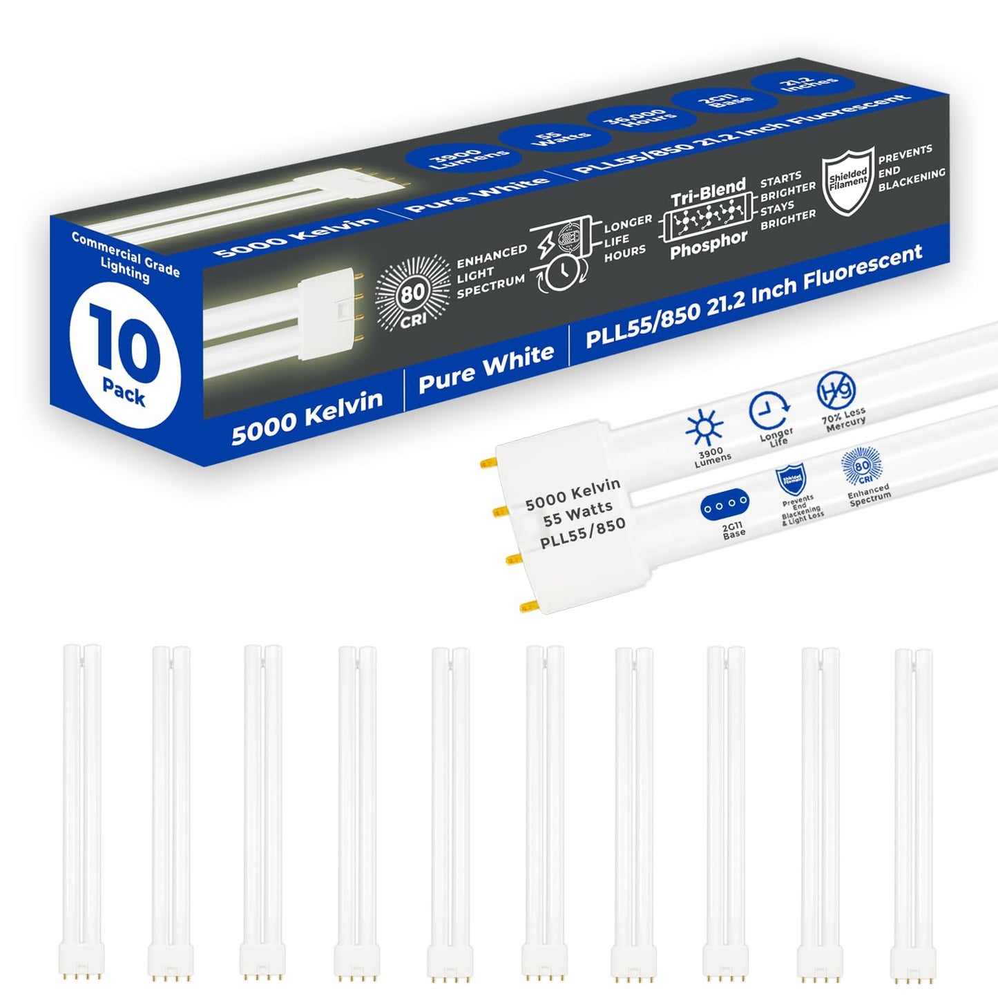 GoodBulb PLL55/850 | 55W 21.2" Twin Tube Compact Fluorescent Light Bulb | 4-pin 2G11 Base 5000K Daylight 3900 Lumen | 36000 Hour Long Life Biax | Pack