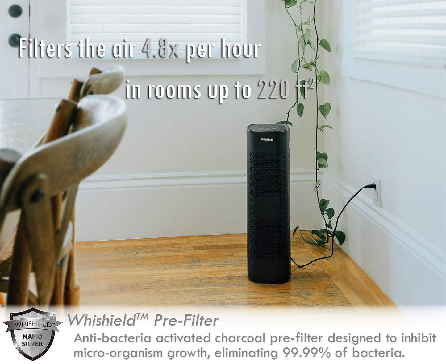 Whirlpool, WPT80B Whispure True HEPA Air Purifier, Activated Carbon Advanced Anti-Bacteria, Ideal for Allergies, Odors, Pet Dander, Mold, Smoke