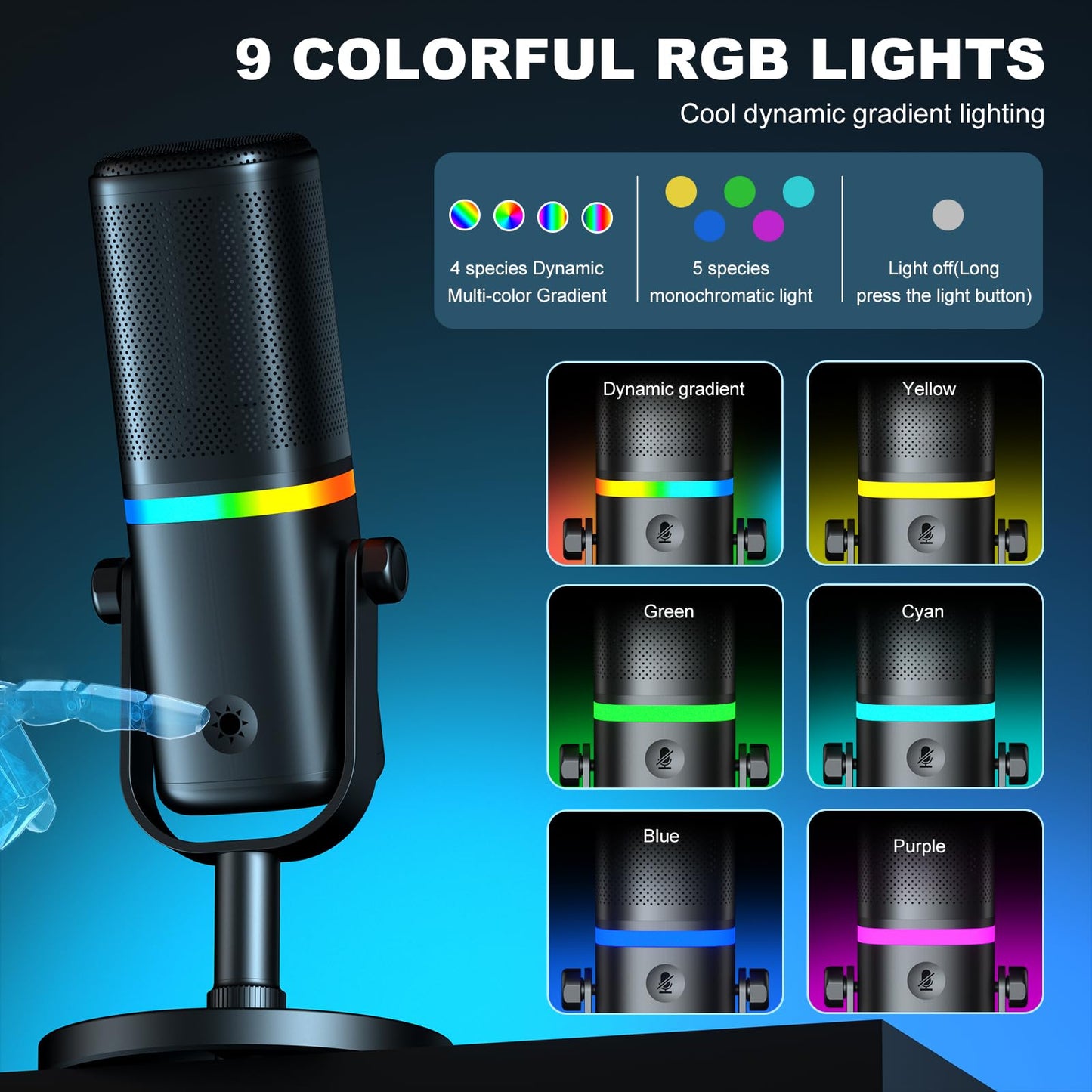 Aokeo Microphone for PC, AK-10 USB/XLR Dynamic Desktop Microphone for Gaming,Podcast,Streaming with RGB Light,Volume Control,Mute Button,Noise