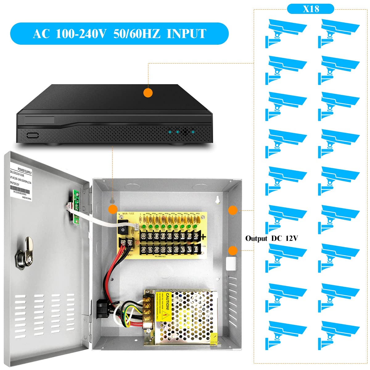 9 Channel 12 Volt DC Output 5A CCTV Distributed Power Supply Box for Security Camera with AC Plug and Lock for Security Cameras, DVRs, CCTV Power…