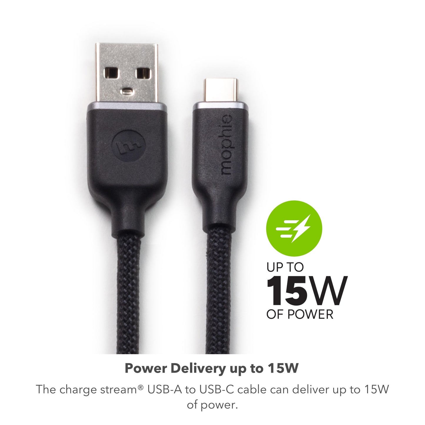 Mophie Charge Stream USB-A to USB-C Cable 3ft - Ultra-Durable Braided Design, Flexible Silicone, Fast Charging up to 15W, Travel Strap Included