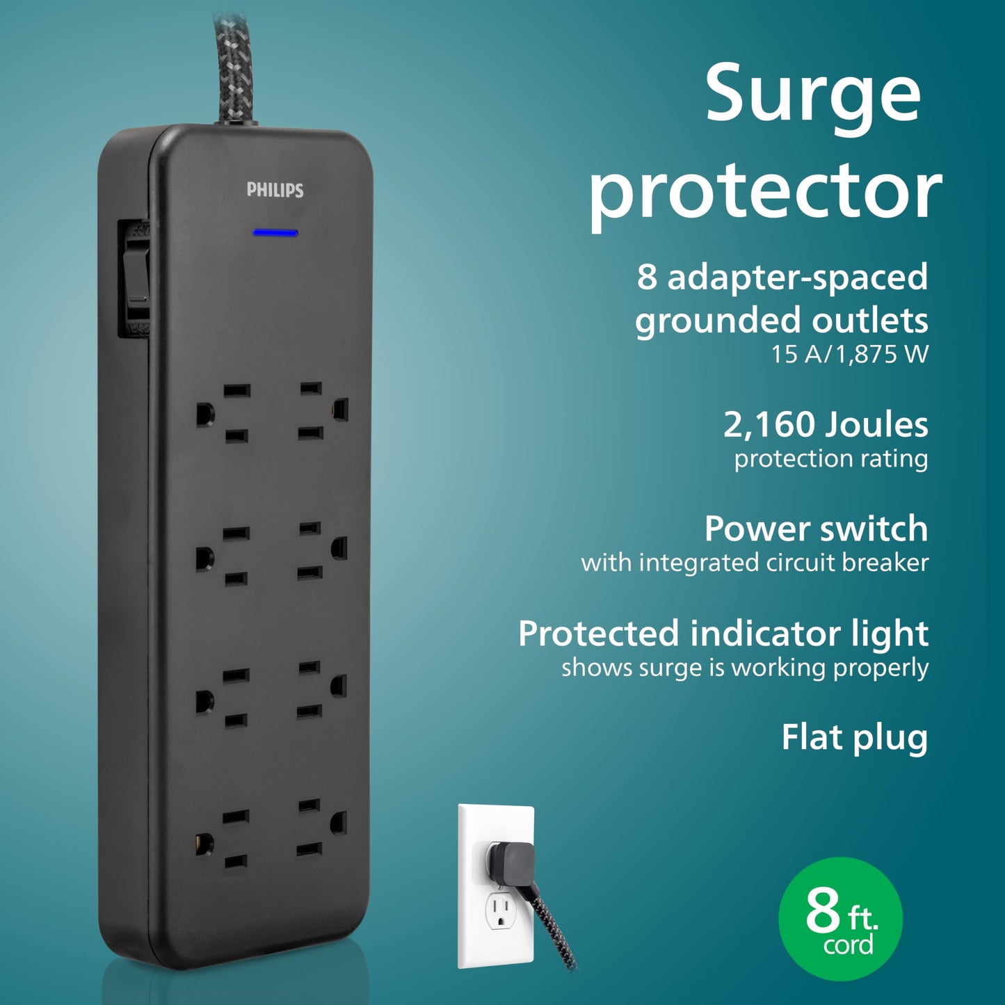 Philips EZFit 8-Outlet Surge Protector Power Strip, 8 Ft Braided Extension Cord, Widely Spaced Outlets, Flat Plug, for Home Office Dorm Essentials