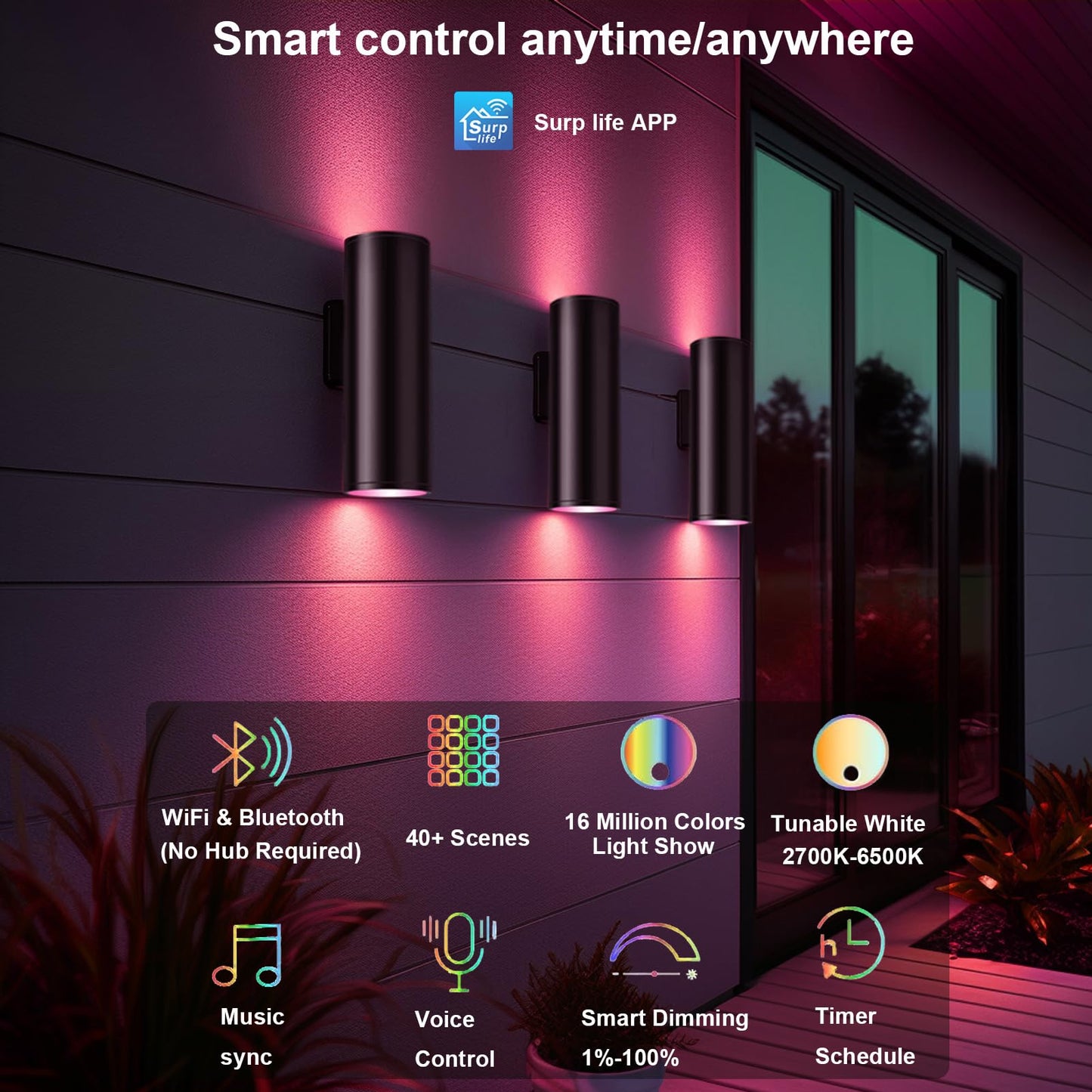 iYogaled Smart Outdoor Wall Lights, Remote Control RGB Color Changing RGBCCT Exterior Lighting - 4 Light Bulbs A19 Included, Smart Wall Lights