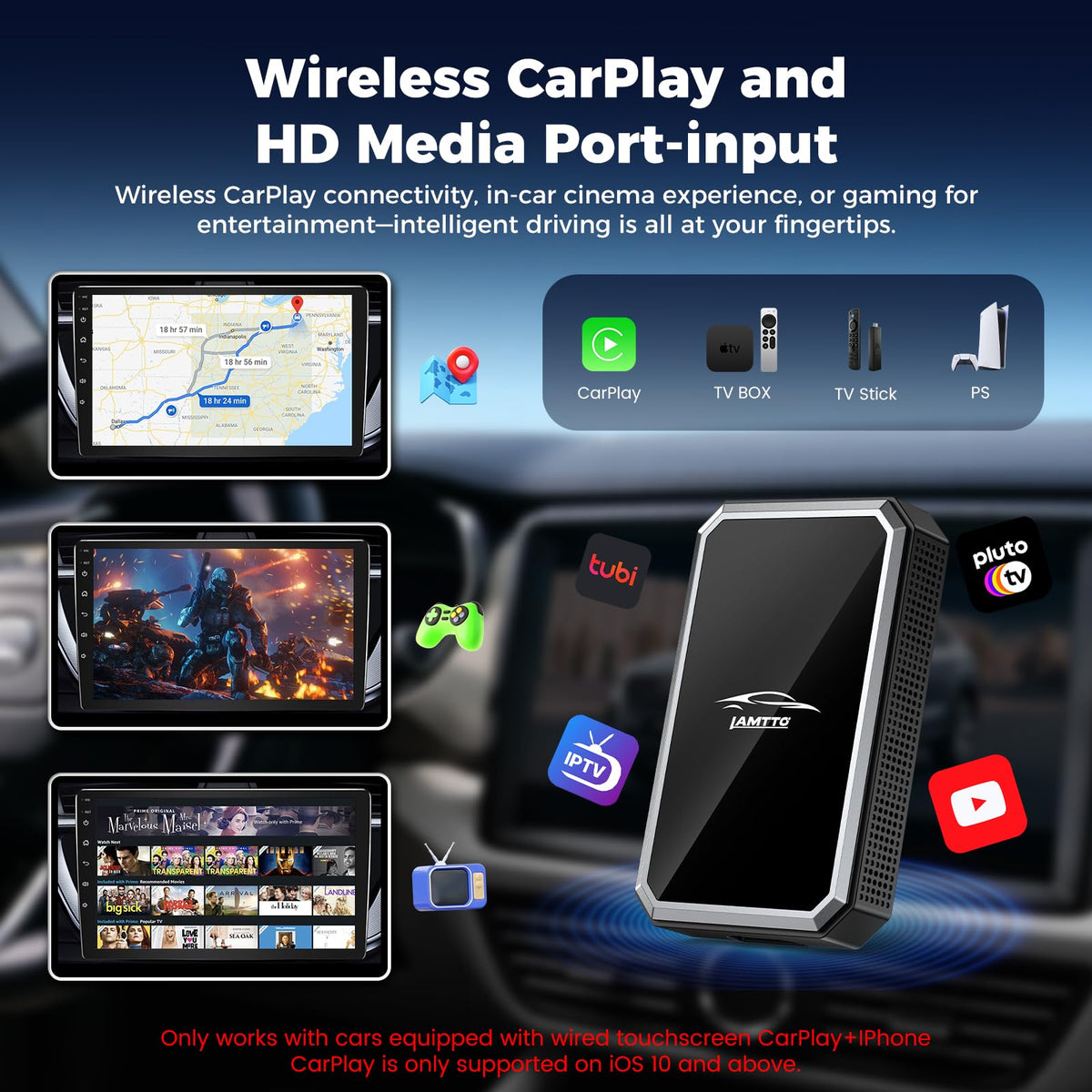 LAMTTO 2-in-1 Wireless CarPlay Adapter, HD Media Port for TV Stick/Console