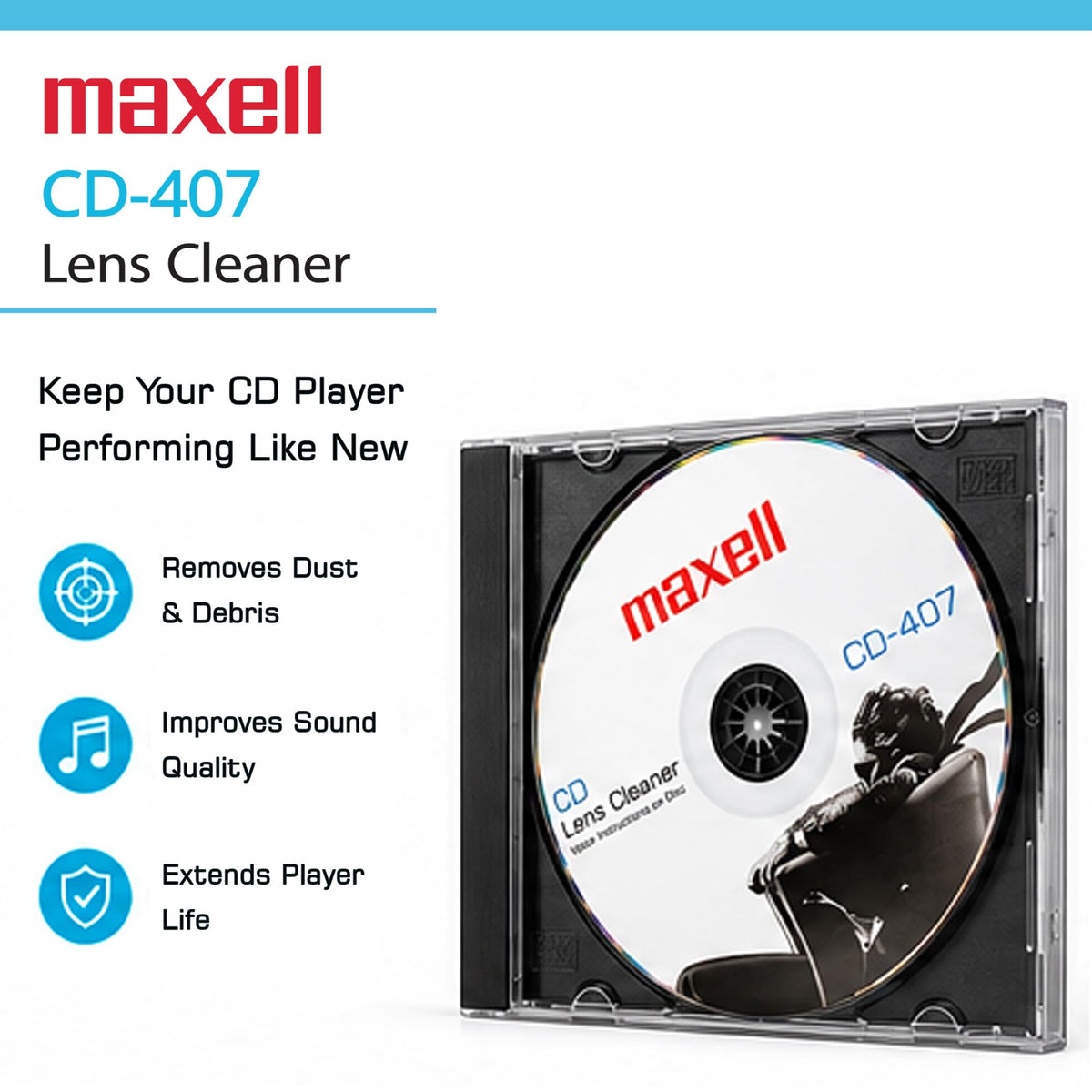 Maxell CD407 Laser Lens Cleaner, CD Player Cleaning Disc, 197342