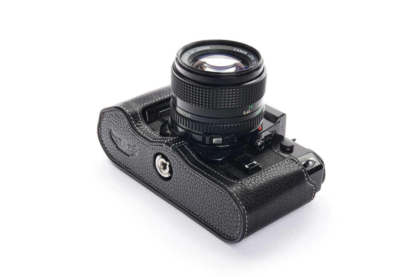 A-1 Case, BolinUS Handmade Genuine Real Leather Half Camera Case Bag Cover for Canon New AE-1 AE-1P A-1 (with Handle) Camera with Hand Strap (Black)