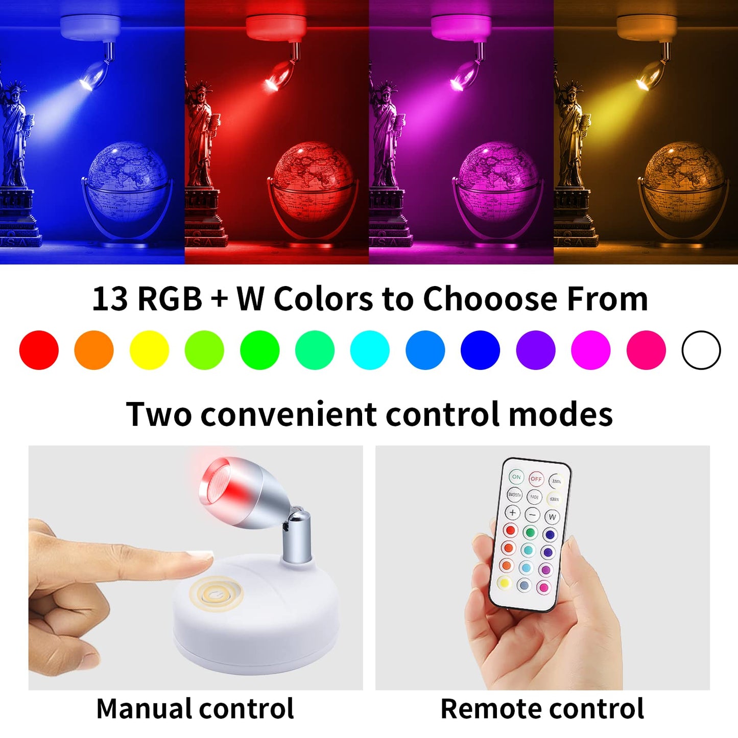 HFCDL Spot Lights Indoor Battery Operated Uplights with Remote, RGBW 13 Color Wireless LED Spotlights Mini Stick On Wall Accent Lights Rotatable Head