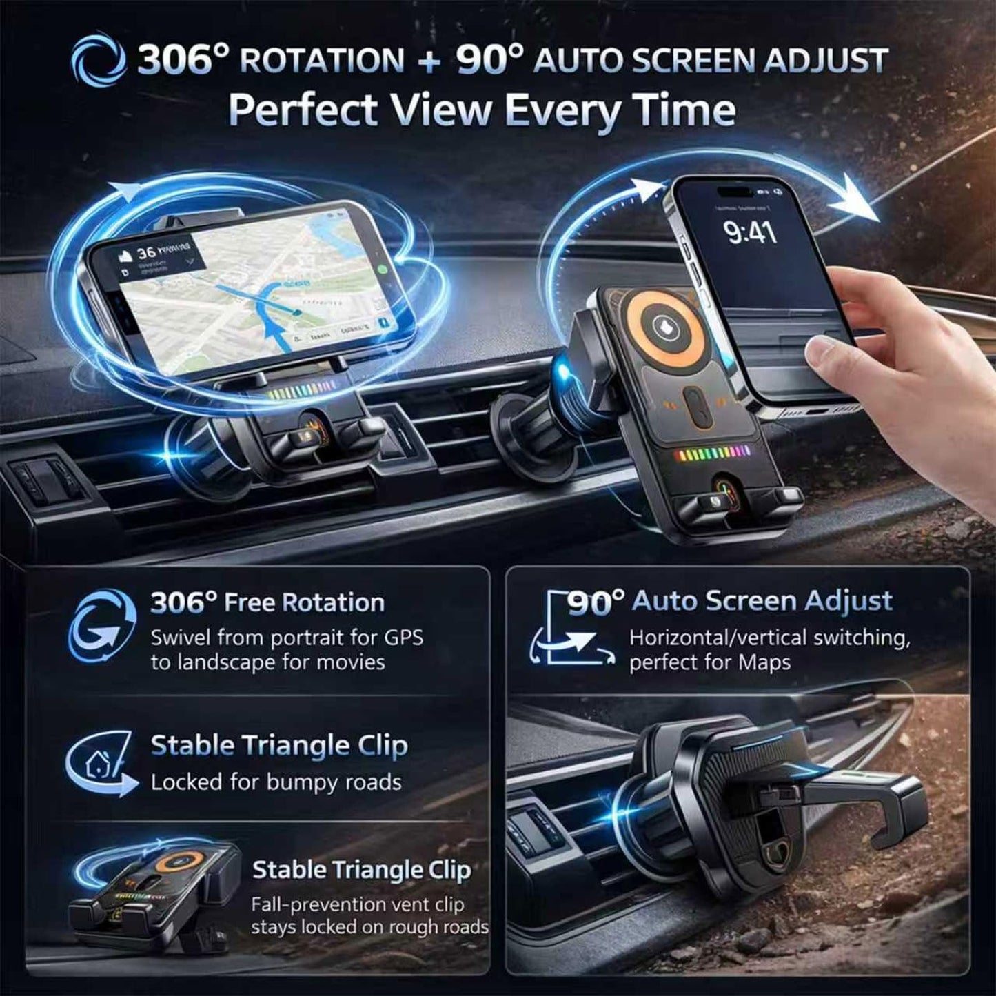 2026 New Cool Car Wireless Fast Charging Holder, 15W Auto-Clamping Wireless Car Charger Mount with 90° Rotating, Universal Air Vent Phone Holder