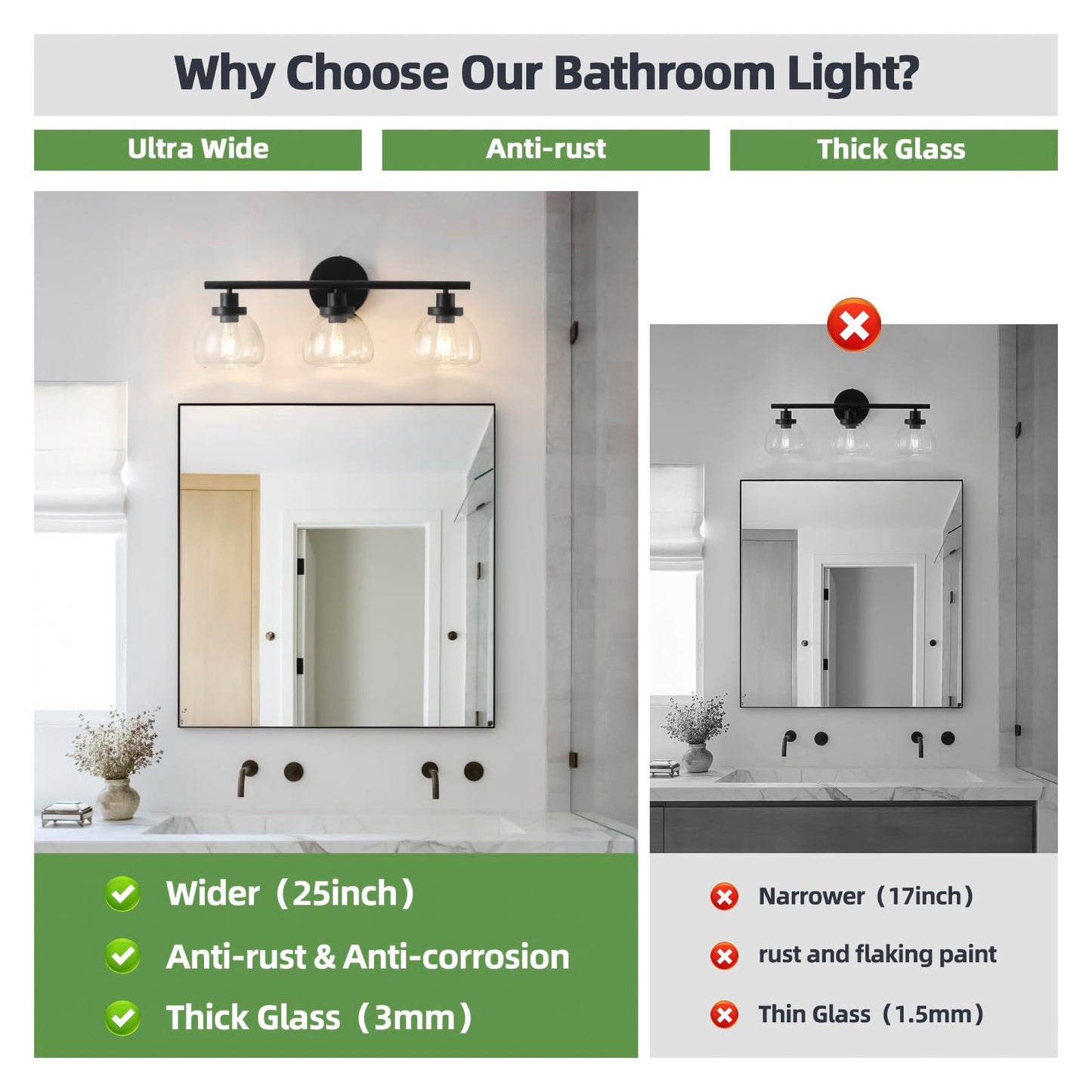 Smplhavn 2025 Upgraded 3-Light Bathroom Light Fixtures, 25 Inch Black Modern Vanity Lights with Clear Glass Shade, Bathroom Wall Lamp over Mirror