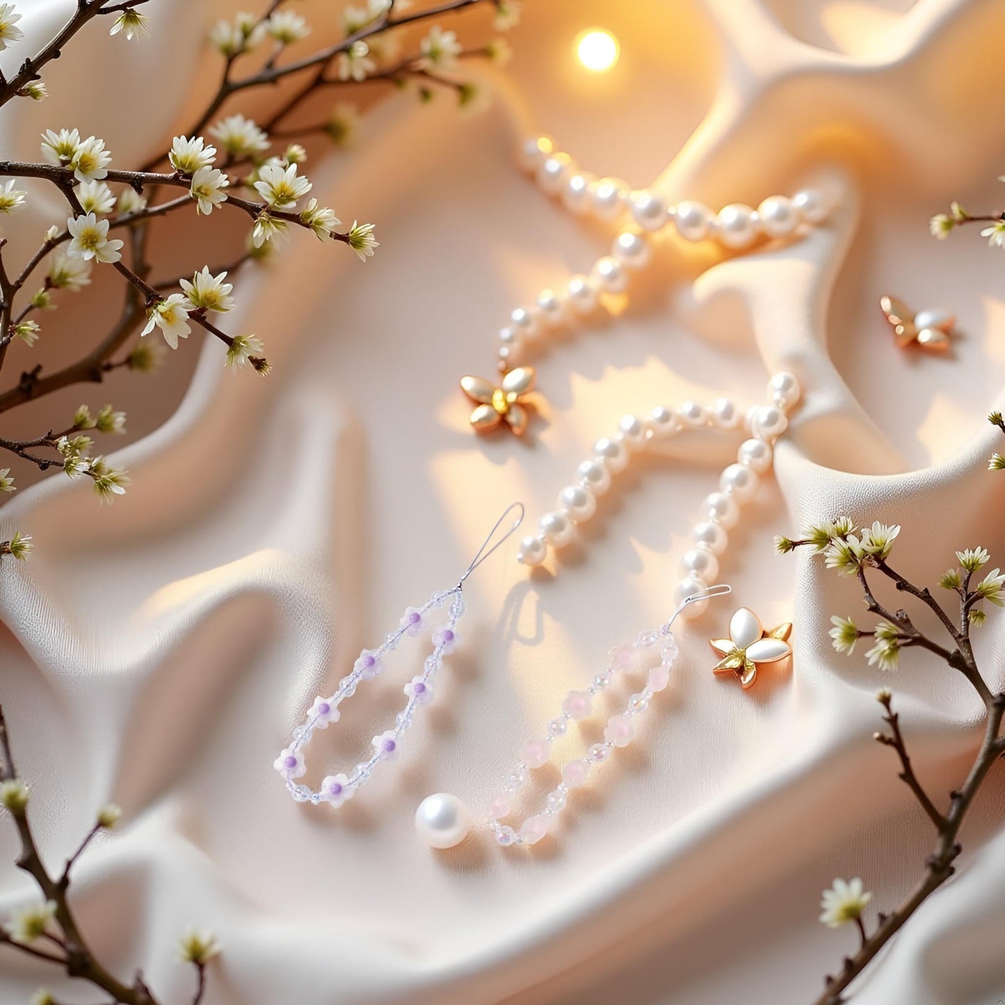 WLngtv 2 Pcs Beaded Phone Bracelet Strap, Crystal Butterfly Flower Pearl Phone Beaded Wrist Strap Bracelet Lanyard For Women Keychain Charm Fashion