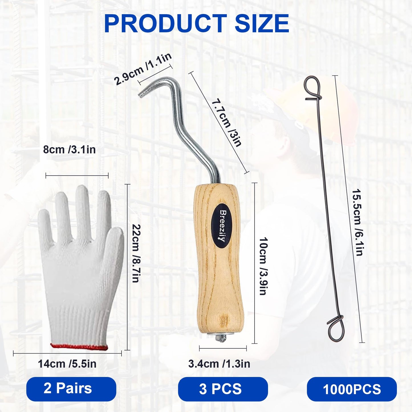 Breezliy 1000Pcs Double Loop Rebar Wire Bar Ties, 6.1" Double Loop, 16 Gauge, Black Steel, 10 Plastic Cable Ties, 3 Wire Tie Twisters, 2 Gloves