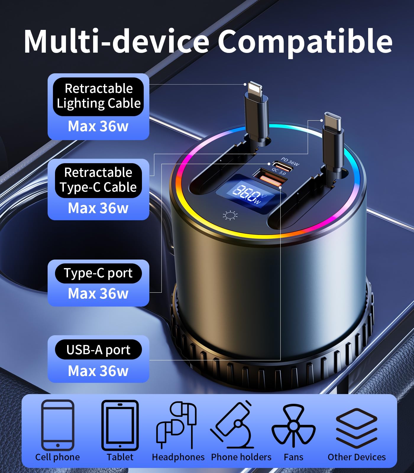 DICMKY Retractable Car Charger USB Hub with RGB Light, 4 Port Car Charging Station Cigarette Lighter Adapter, Travel Essentials Car Accessories