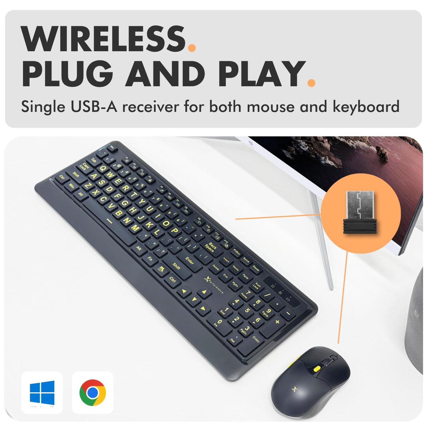 X9 Performance Large Print Wireless Keyboard and Mouse Combo - Easy to See Yellow Letters for Seniors and Low Vision Users - 2.4Ghz Wireless Mouse