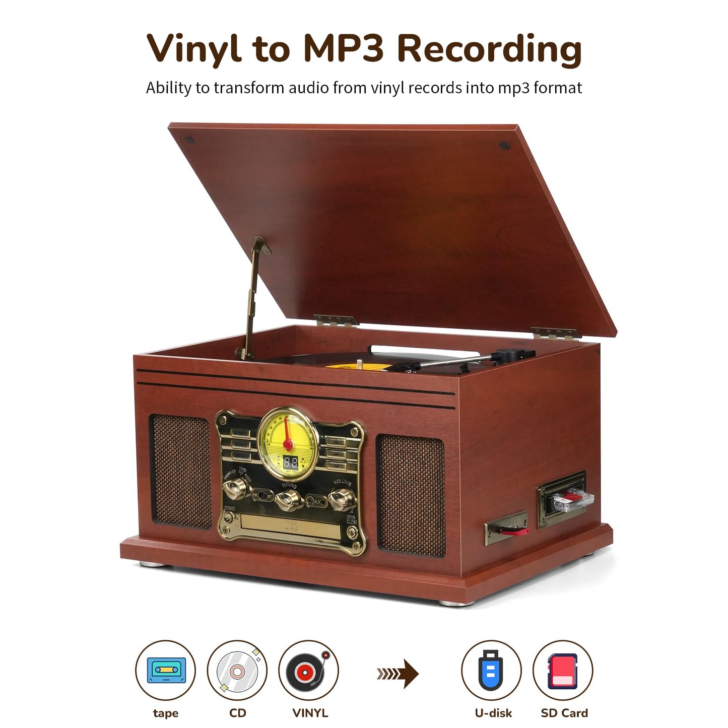 FEKTIK Bluetooth Record Player 10 in 1, 3-Speed Turntable for Vinyl with Speakers, LP to MP3 Converter, CD, Cassette Player, FM Radio, Wireless