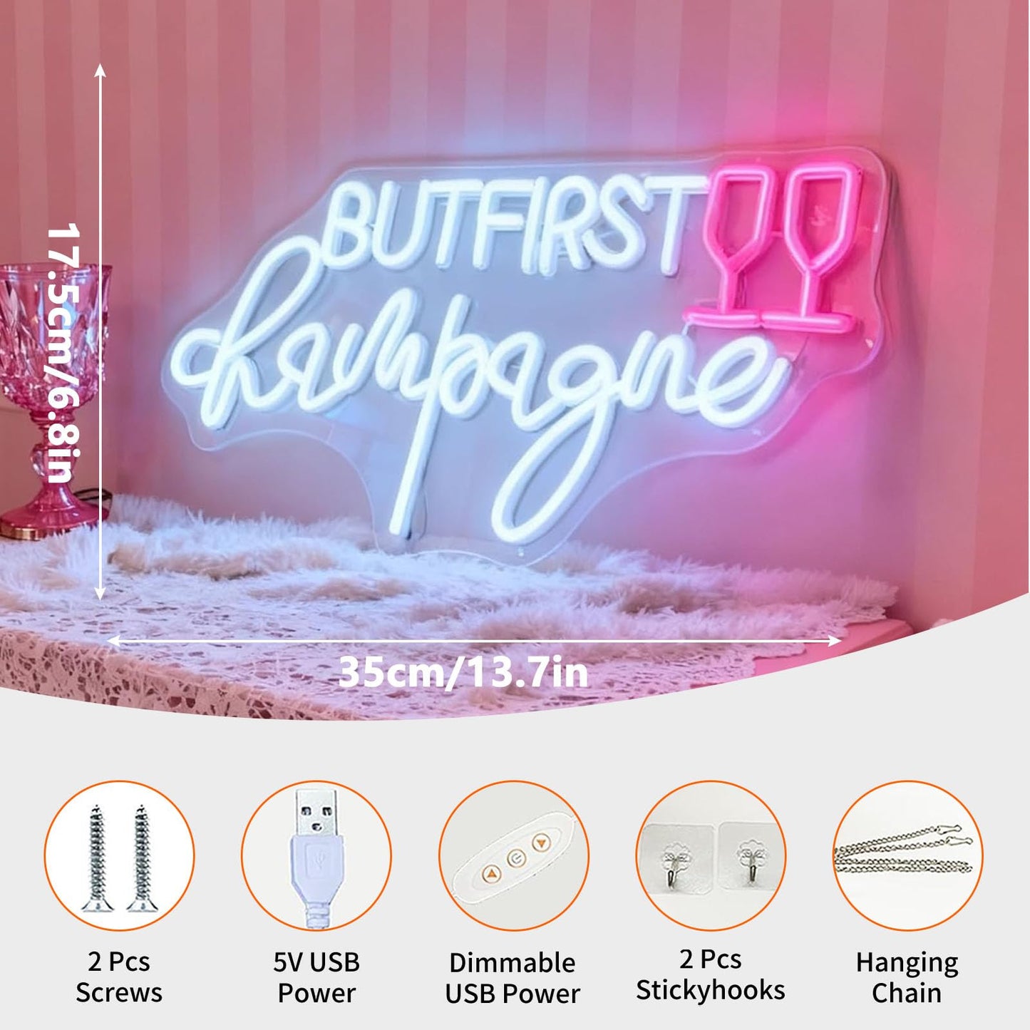 But First Champagne Neon Sign - USB Powered Dimmable Decorative Neon Light for Party Bar Pub Living Room Bedroom Wall Table Decor, White and Pink LED
