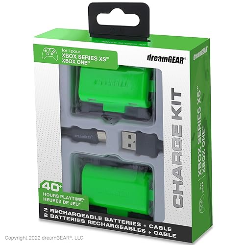 dreamGEAR Charge Kit: Xbox Battery Pack Rechargeable: Includes Two 1100mAh Rechargeable Batteries for Series X, 10ft Cable, 40 Hours of Play