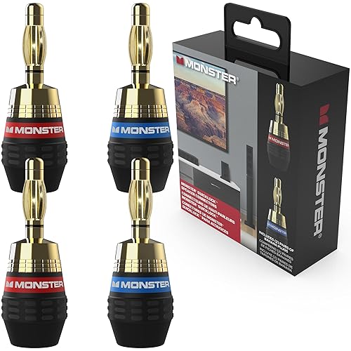 Monster XP QuickLock Banana Plugs for Speaker Wire, Self-Crimping Speaker Wire Connectors, 24K Gold-Plated Audio Connector Plugs, Color-Coded, 2 Pair