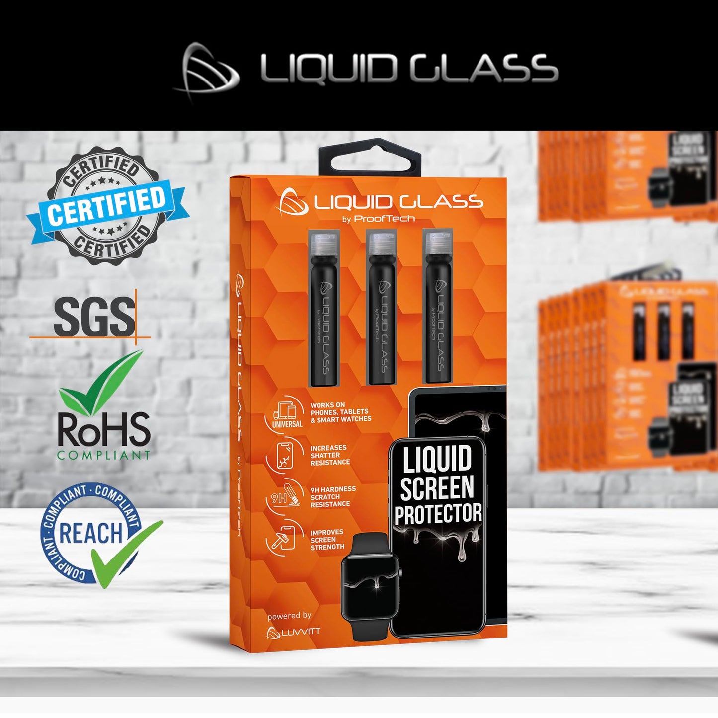 ProofTech Liquid Glass Screen Protector for Up to 12 Devices Universal Fit for All Smartphones Tablets and Watches Scratch and Shatter Resistant Wipe