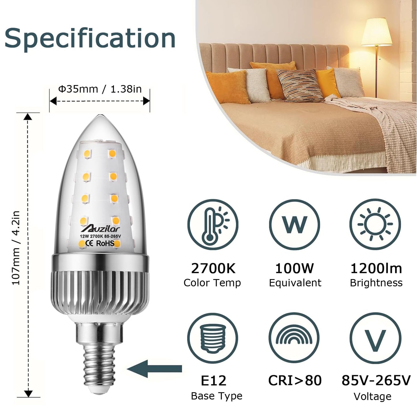 Auzilar E12 LED Candelabra Bulbs, 12W 100W Equivalent, 1200LM, Warm White Ceiling Fan Light Bulbs, Decorative Candle Base Non-Dimmable LED Chandelier